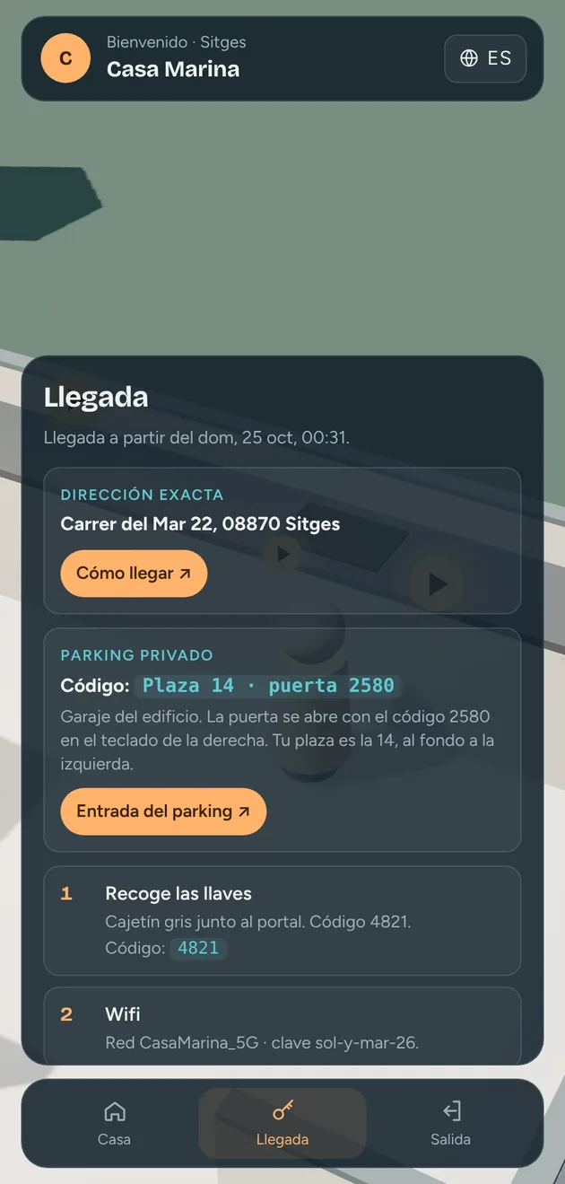 Llegada: dirección, parking con código y llaves