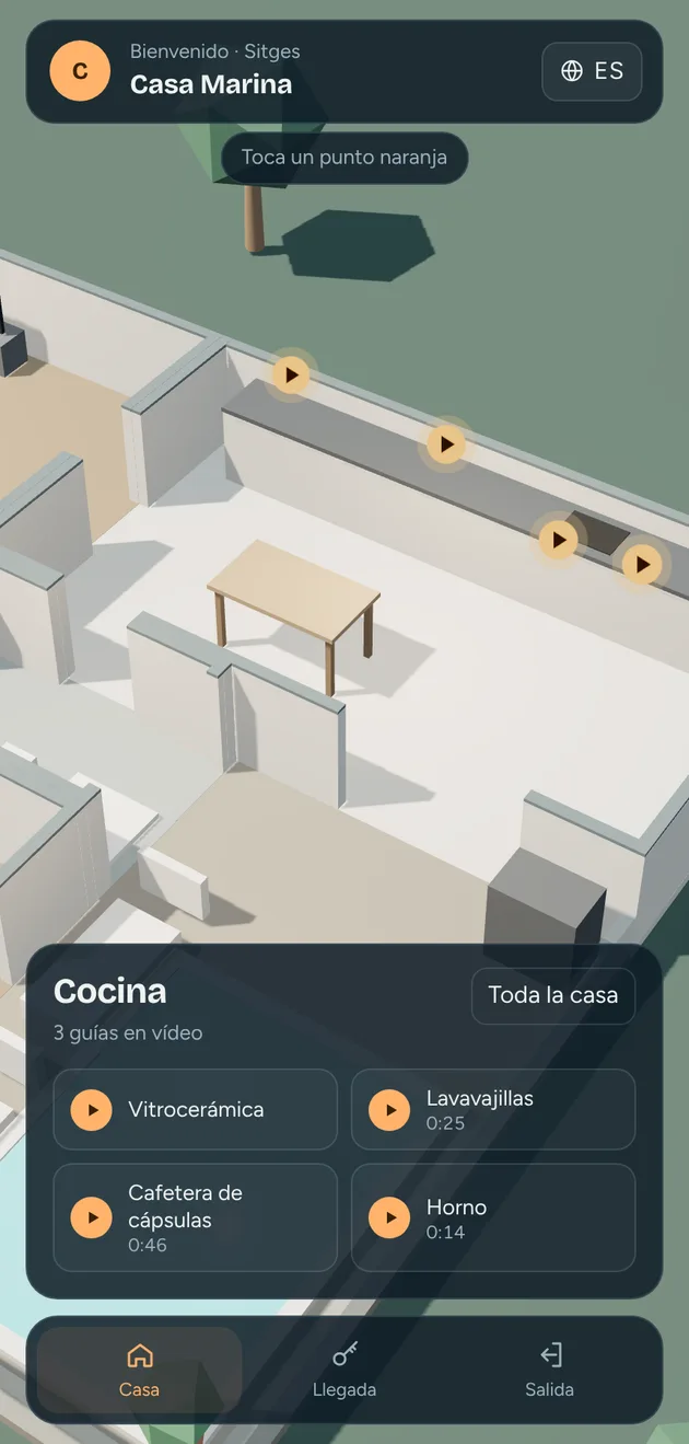 La cocina en 3D con los puntos naranjas de cada aparato y su vídeo